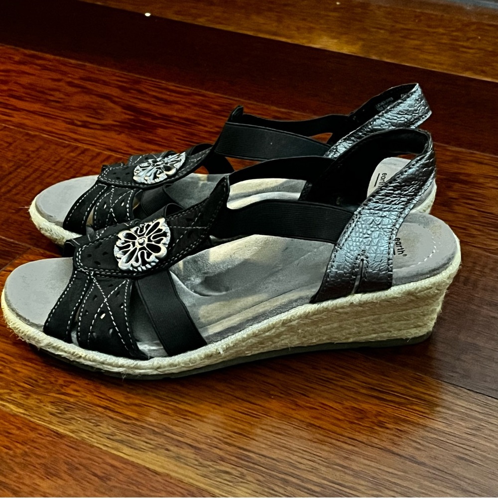 Earth Origins Sandals Black Leather Naples Nanci Wedge Espadrilles Size 8.5 M